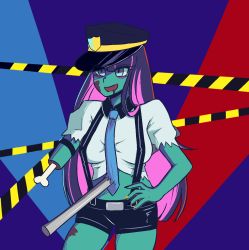Rule 34 | belt, blunt bangs, caution tape, colorful, hand on own hip, hat, highres, kstnt, nail polish, necktie, panty &amp; stocking with garterbelt, pink hair, police, police uniform, purple hair, short shorts, shorts, stocking (psg), stomach, suspenders, thighs, torn clothes, uniform, zombie
