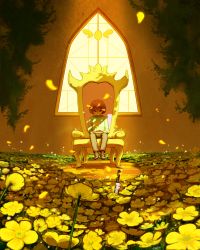 Rule 34 | 1girl, absurdres, androgynous, brown footwear, brown hair, cake, chara (undertale), flower, food, highres, knife, petals, pie, red eyes, shirt, shoes, sitting, smile, solo, spoilers, striped clothes, striped shirt, tenperu tapio, throne, undertale, yellow flower, yellow theme