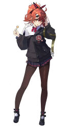 Rule 34 | 1246584779, 1girl, absurdres, ahoge, black footwear, black jacket, black pantyhose, black skirt, bow, bowtie, candy, collared shirt, contrapposto, food, full body, fur-trimmed jacket, fur trim, girls&#039; frontline, hand on own head, highres, holding, holding candy, holding food, holding lollipop, jacket, lollipop, long sleeves, looking at viewer, mp7 (girls&#039; frontline), off shoulder, open mouth, pantyhose, pleated skirt, red bow, red bowtie, red hair, shirt, shoes, short ponytail, skirt, solo, standing, white background, white shirt, yellow eyes