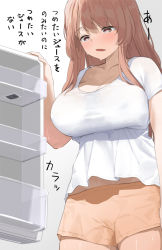 Rule 34 | 1girl, breasts, brown eyes, brown hair, cleavage, collarbone, commentary request, gradient background, grey background, highres, kaisen chuui, large breasts, long hair, midriff peek, open mouth, original, refrigerator, shirt, short sleeves, sweat, translated, white background, white shirt