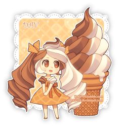 Rule 34 | 1girl, :d, artist name, blush, bow, brown bow, brown dress, brown eyes, brown footwear, brown hair, brown ribbon, chibi, commentary, dav-19, dress, drill hair, food, full body, hair ribbon, ice cream, ice cream cone, lace background, long hair, multicolored hair, open mouth, original, own hands together, personification, puffy short sleeves, puffy sleeves, ribbon, short sleeves, smile, soft serve, solo, split-color hair, standing, transparent background, twin drills, twintails, two-tone hair, very long hair, watermark, web address, white hair