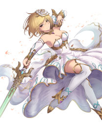 Rule 34 | 1girl, absurdres, armor, blonde hair, breasts, brown eyes, choker, cleavage, detached sleeves, djeeta (granblue fantasy), dress, floating hair, glorybringer (granblue fantasy), granblue fantasy, hair between eyes, hair ornament, high heels, highres, holding, holding sword, holding weapon, looking at viewer, medium breasts, pauldrons, shoulder armor, simple background, smile, solo, strapless, strapless dress, sword, thighhighs, weapon, white background, white dress, white thighhighs, yuki7128