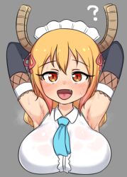 1girl ? armpits arms_behind_head arms_up basukechi black_sleeves blonde_hair blue_necktie blush breasts collared_shirt detached_sleeves dot_nose dragon_girl dragon_horns fang hair_between_eyes hair_ribbon horns kobayashi-san_chi_no_maidragon large_breasts maid_headdress necktie open_mouth red_eyes ribbon shirt simple_background smile solo sweat tohru_(maidragon) tongue wet wet_clothes white_shirt