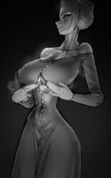 Rule 34 | 1girl, absurdres, bad id, bad twitter id, breasts, closed mouth, covered erect nipples, crown, dress, gown, greyscale, hair net, highres, large breasts, long sleeves, looking at viewer, medieval, monochrome, narrow waist, original, paizuri invitation, sideways glance, smile, solo, sweat, wass nonnam