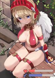 Rule 34 | 1girl, arm guards, armor, azur lane, bikini, bikini armor, breasts, brown hair, cape, cleavage, collarbone, commentary request, fingerless gloves, from above, fur cape, gameplay mechanics, gloves, hair between eyes, health bar, helm, helmet, highres, large breasts, looking at viewer, manjirou (manji illust), medium hair, navel, parted lips, purple eyes, red bikini, sidelocks, sitting, sitting on chest, sleeveless, solo, steam, stomach, sweat, swimsuit, thighlet, treasure chest, z23 (azur lane), z23 (upgrade failure?!) (azur lane)