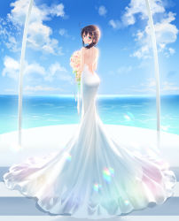 Rule 34 | 1girl, ass, backless dress, backless outfit, bare shoulders, black hair, blue eyes, blue sky, blush, bouquet, braid, breasts, cloud, day, dress, flower, from behind, full body, hair ornament, highres, holding, holding bouquet, kantai collection, looking at viewer, looking back, naoto (tulip), ocean, see-through, shigure (kancolle), shigure kai ni (kancolle), sky, smile, solo, wedding dress, white dress