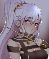 Rule 34 | 1340smile, 1girl, blush, breasts, cleavage, commission, commissioner upload, cosplay, costume switch, crossover, dagger, fire emblem, fire emblem: genealogy of the holy war, fire emblem heroes, grey background, hair between eyes, hair ornament, highres, holding, holding dagger, holding knife, holding weapon, ishtar (fire emblem), jewelry, nintendo, open mouth, purple eyes, purple hair, spy x family, upper body, weapon, yor briar
