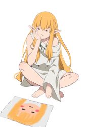 Rule 34 | 1girl, :3, = =, barefoot, blonde hair, crossed ankles, drawing (object), dress, full body, hand on own cheek, hand on own face, hand up, head rest, highres, indian style, jewelry, long hair, necklace, off shoulder, pointy ears, serie (sousou no frieren), simple background, single sleeve, sitting, solo, sousou no frieren, very long hair, white background, white dress, yasehattagi