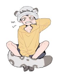 Rule 34 | 1boy, aged down, annoyed, black hair, child, finger to mouth, hat, highres, hood, hoodie, leopard boy, leopard tail, looking at viewer, male focus, mm mofu uu, one piece, panther print, pants, short hair, solo, tail, trafalgar law, yellow eyes, yellow hoodie