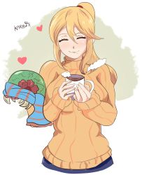 Rule 34 | 1girl, ^ ^, absurdres, alien, alternate costume, blonde hair, blush, breasts, closed eyes, coffee, cup, drinking, heart, high ponytail, highres, karbuitt, large breasts, long hair, metroid, metroid (creature), mole, mole under mouth, nintendo, ponytail, samus aran, scarf, signature, simple background, smile, spoken heart, striped clothes, striped scarf, sweater, turtleneck, turtleneck sweater, winter clothes