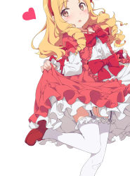 Rule 34 | 1girl, :o, absurdres, blonde hair, blush, bow, brown hair, clothes lift, commentary request, dress, dress lift, drill hair, eromanga sensei, garter straps, hairband, has bad revision, has downscaled revision, heart, highres, leg up, lolita fashion, long hair, looking at viewer, md5 mismatch, ogipote, pink dress, pointy ears, red bow, resolution mismatch, simple background, skirt, skirt lift, solo, source smaller, standing, standing on one leg, thighhighs, twin drills, white background, white thighhighs, yamada elf