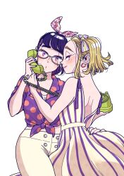 2girls artist_request black_hair blonde_hair bow dress ear_piercing glasses hair_bow hand_on_another&#039;s_hip highres holding holding_megaphone kakeochi_girl makimura_momo matsuura_midori megaphone mole mole_under_eye multiple_girls pants piercing simple_background