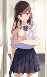 Rule 34 | 1girl, bag, bare shoulders, black skirt, blue bow, blue bowtie, bow, bowtie, breasts, brown hair, burenbo, cleavage, collarbone, high-waist skirt, highres, long hair, looking at viewer, medium breasts, miniskirt, nipples, no bra, off shoulder, open mouth, original, pleated skirt, red eyes, revision, school bag, school uniform, see-through, shirt, shirt tucked in, short sleeves, skirt, solo, sweat, wet, wet clothes, wet shirt, white shirt