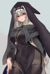 Rule 34 | 1girl, arknights, black dress, black pantyhose, black thighhighs, black veil, breasts, commentary request, cowboy shot, dress, garter straps, gold necklace, gradient background, jewelry, kaguura (kagu), large breasts, long hair, long sleeves, looking down, necklace, pantyhose, red eyes, smile, solo, specter (arknights), thighband pantyhose, thighhighs, thighhighs over pantyhose, veil, very long hair, white hair
