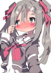 Rule 34 | 1girl, blush, copyright request, dangomushi, full-face blush, green eyes, grey shirt, hair between eyes, hair ribbon, long hair, long sleeves, neckerchief, red neckerchief, ribbon, sailor collar, shirt, simple background, solo, tears, twintails, wavy mouth, white background
