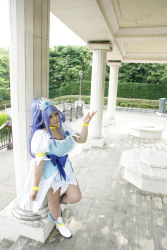 Rule 34 | 1girl, ankle boots, asian, blue eyes, blue hair, boots, bow, bracelet, breasts, choker, chouzuki maryou, cosplay, cure diamond (cosplay), dokidoki! precure, dress, headpiece, highres, jewelry, large breasts, long hair, magical girl, matching hair/eyes, photo (medium), plump, ponytail, precure, puffy short sleeves, puffy sleeves, ribbon, short sleeves, solo, tiara