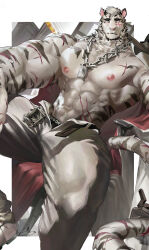 Rule 34 | 1boy, abs, absurdres, animal ears, arknights, bara, black male underwear, blush, bounsies, chain, chain necklace, feet out of frame, furry, furry male, highres, jewelry, large pectorals, looking at viewer, looking back, male focus, male underwear, male underwear peek, mountain (arknights), muscular, muscular male, necklace, open fly, pectorals, scar, scar across eye, scar on face, short hair, sitting, solo, spread legs, tail, tiger boy, tiger ears, topless male, underwear, white fur, white hair