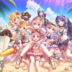 Rule 34 | 6+girls, album cover, animal ear fluff, animal ears, animal hands, animal hat, ankle lace-up, anklet, bare shoulders, barefoot sandals (jewelry), beach, bell, belt, bikini, bikini skirt, blonde hair, blue eyes, blue sky, blush, bow, bracelet, braid, breasts, brown eyes, capelet, cat ears, cat girl, cat paws, cat tail, choker, cleavage, cloud, cloudy sky, collarbone, cover, cross-laced footwear, curled horns, day, demon horns, dress, fake animal ears, fingerless gloves, flat chest, flower, frilled bikini, frills, gloves, hair between eyes, hair bow, hair flower, hair ornament, hairband, hairclip, halterneck, hat, hat flower, highres, hiyori (princess connect!), hiyori (summer) (princess connect!), holding, horizon, horns, jewelry, kyoka (summer) (princess connect!), kyoka (princess connect!), leaf, lens flare, long hair, looking at viewer, medium breasts, midriff, mimi (princess connect!), mimi (summer) (princess connect!), misogi (princess connect!), misogi (summer) (princess connect!), multiple girls, navel, neck bell, ocean, official art, open mouth, orange hair, outdoors, palm leaf, parted bangs, paw gloves, pink hair, plant, pleated skirt, pointy ears, ponytail, princess connect!, purple hair, rabbit ears, rabbit girl, rabbit hat, rei (princess connect!), rei (summer) (princess connect!), revealing clothes, sand, sandals, sarong, seashell, shell, shoes, shore, short hair, short twintails, side ponytail, sidelocks, sitting, skirt, sky, small breasts, smile, star (symbol), starfish, straw hat, summer, sun hat, sunflower, sunflower hair ornament, sunlight, swimsuit, tail, tail ornament, thigh strap, toes, twintails, underboob, very long hair, water, white flower, yellow eyes, yellow flower, yui (princess connect!), yui (summer) (princess connect!)