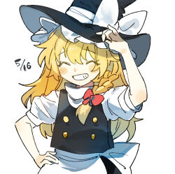 Rule 34 | 1girl, apron, back bow, black hat, black skirt, black vest, blonde hair, blush, bow, braid, buttons, closed eyes, commentary request, flat chest, grin, hair bow, hand on own hip, hat, hat bow, kirisame marisa, long hair, mero (starfish jcs), puffy short sleeves, puffy sleeves, red bow, short sleeves, side braid, simple background, single braid, skirt, smile, solo, touhou, turtleneck, very long hair, vest, waist apron, waist bow, white apron, white background, white bow, witch hat