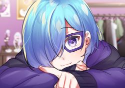 Rule 34 | 1girl, absurdres, bad id, bad pixiv id, blue hair, blurry, blurry background, closed mouth, clothes hanger, depth of field, figure, glasses, hair over one eye, highres, indoors, jacket, kitasaya ai, long sleeves, looking at viewer, original, purple-framed eyewear, purple eyes, purple jacket, sleeves past wrists, smile, solo, virtual youtuber