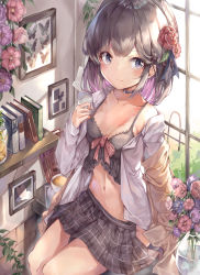 Rule 34 | 1girl, absurdres, babydoll, bare shoulders, black choker, black hair, black skirt, blush, book, braid, breasts, brown jacket, choker, closed mouth, collarbone, collared shirt, commentary request, eyebrows hidden by hair, flower, grey eyes, hair flower, hair ornament, hand up, highres, indoors, jacket, long sleeves, looking at viewer, matutoki nara05, multicolored hair, navel, off shoulder, open clothes, open jacket, open shirt, original, picture frame, pink hair, pleated skirt, purple flower, red flower, red rose, rose, shelf, shirt, sitting, skirt, sleeves past wrists, small breasts, solo, two-tone hair, vase, white shirt, window