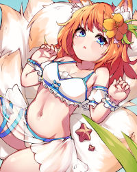 Rule 34 | 1girl, animal ears, arm up, bare shoulders, bikini, blue eyes, blue ribbon, breasts, cleavage, collarbone, cymlim, eight-tailed fox nari, frilled bikini, frills, guardian tales, hair ornament, highres, looking at viewer, official alternate costume, open mouth, orange hair, ribbon, stomach, swimsuit, tail