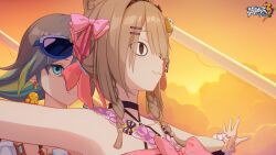 Rule 34 | 2girls, :3, animal ears, bare arms, bare shoulders, blue eyes, cat ears, cat girl, close-up, cloud, cloudy sky, earrings, eyewear on head, fu hua, fu hua (shadow knight), grey hair, highres, honkai (series), honkai impact 3rd, jewelry, logo, looking at another, multicolored hair, multiple girls, official alternate costume, official art, official wallpaper, pardofelis (honkai impact), parted lips, ship, sky, streaked hair, sunglasses, sunset, t-pose, titanic (movie), upper body, watercraft