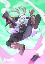 Rule 34 | 1girl, absurdres, animal ears, black pantyhose, blue skin, blush, boots, brown footwear, brown gloves, colored skin, gloves, grin, highres, long hair, looking at viewer, milim nova, missile, original, pantyhose, parted lips, rabbit ears, rabbit tail, rocket launcher, smile, solo, tail, teeth, very long hair, weapon, white hair, yellow eyes