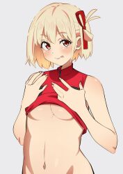 Rule 34 | 1girl, :p, blonde hair, breasts, clothes lift, commentary request, grey background, hair ribbon, highres, large breasts, lifting own clothes, looking at viewer, lycoris recoil, nishikigi chisato, red eyes, red ribbon, red sports bra, ribbon, sakura 1110ssmm, shiny skin, short hair, solo, sports bra, sports bra lift, tongue, tongue out, underboob, upper body