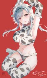 Rule 34 | 1girl, animal ears, animal print, armpits, arms up, bikini, blue hair, blush, breasts, brown eyes, cleavage, collar, cow ears, cow print, cow print sleeves, detached sleeves, extra ears, highres, large breasts, long hair, looking at viewer, open mouth, original, red background, restrained, sitting, solo, swimsuit, tadano comina, thighhighs