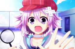 Rule 34 | 10s, 1girl, absurdres, cabbie hat, d-pad, hair ornament, hat, highres, looking at viewer, magnifying glass, neptune (neptunia), neptune (series), open mouth, planeptune, purple hair, short hair, solo