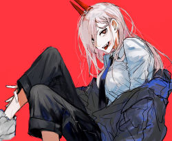 Rule 34 | 1girl, absurdres, black panties, blood, chainsaw man, collared shirt, cross-shaped pupils, demon girl, demon horns, fang, highres, horns, jacket, long hair, looking at viewer, necktie, panties, pants, pink hair, power (chainsaw man), red background, sharp teeth, shirt, shoes, solo, suechimu, symbol-shaped pupils, teeth, underwear, white footwear, white shirt