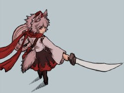 Rule 34 | 1girl, animal ears, blue background, detached sleeves, grey hair, hat, hatching (texture), holding, holding sword, holding weapon, inubashiri momiji, linear hatching, looking back, miata (miata8674), outstretched arm, pom pom (clothes), red eyes, red scarf, scarf, shadow, shield, skirt, solo, sword, tail, tokin hat, touhou, weapon, wolf ears, wolf tail