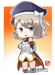 Rule 34 | 1girl, azur lane, bike shorts, carrying, carrying under arm, chibi, commentary request, detached sleeves, full body, gloves, gradient background, grey eyes, grey hair, hat, looking at viewer, paper, short hair, sidelocks, signature, simple background, solo, taisa (kari), triangle mouth, twitter username, white gloves, z23 (azur lane)