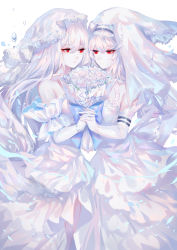 Rule 34 | 2girls, absurdres, arknights, artist name, bare shoulders, bouquet, commentary, commentary request, flower, hair between eyes, highres, multiple girls, parted lips, rose, sheya, signature, skadi (arknights), specter (arknights), symbol-only commentary, veil, white background, white flower, white rose, yuri