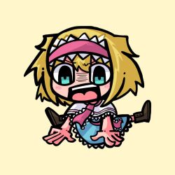Rule 34 | 1girl, alice margatroid, blonde hair, blue dress, blue eyes, blush, boots, brown footwear, capelet, chibi, cookie (touhou), cross-laced footwear, dress, frilled hairband, frills, full body, hair between eyes, hairband, highres, ichigo (cookie), looking at viewer, medium bangs, necktie, open mouth, pink hairband, pink necktie, pink sash, sash, short hair, simple background, solo, sznkrs, teeth, touhou, upper teeth only, white capelet, yellow background