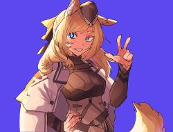 Rule 34 | 1girl, animal ears, arknights, armor, black hat, black sweater, blonde hair, blue background, blue eyes, breastplate, cloak, commentary request, garrison cap, hand on own hip, hand up, hat, horse ears, horse tail, kawaii inu5, long hair, long sleeves, looking at viewer, open mouth, ribbed sweater, simple background, smile, solo, sweater, tail, teeth, thick eyebrows, upper body, w, whislash (arknights), white cloak