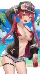 Rule 34 | 1girl, absurdres, arm up, bare shoulders, beach, bikini, bikini under clothes, black jacket, black ribbon, breasts, cleavage, commentary request, cup, day, earrings, emoji, eyewear on headwear, fang, glass, glasses, gurina, hair ribbon, heart, heart-shaped eyewear, heart earrings, heart necklace, heterochromia, highres, holding, holding cup, hololive, houshou marine, jacket, jewelry, long hair, long sleeves, looking at viewer, medium breasts, navel, necklace, off shoulder, open clothes, open jacket, open mouth, outdoors, outside border, palm tree, pleading face emoji, red bikini, red eyes, red hair, ribbon, short shorts, shorts, smile, solo, standing, swimsuit, thigh strap, tree, twintails, unzipped, virtual youtuber, water, white shorts, yellow eyes
