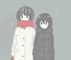 Rule 34 | 2girls, arms at sides, black eyes, black hair, black undershirt, blush, coat, commentary, duffel coat, empty eyes, flower (symbol), green background, green coat, hair between eyes, hair ornament, hair strand, hairclip, hanekawa tsubasa, height difference, highres, hood, hood down, looking at viewer, messy hair, mittens, monogatari (series), multicolored hair, multiple girls, oshino ougi, pale skin, red mittens, red nose, red skirt, scarf, scarf over mouth, short hair, side-by-side, simple background, skirt, soki mochi, standing, streaked hair, toggles, turtleneck, two-tone hair, upper body, white coat, white hair, winter clothes