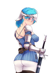 Rule 34 | 1girl, ahoge, armor, ass, back, belt, blue hair, blush, boots, breasts, covered erect nipples, forehead protector, from behind, hair between eyes, holding, holding sword, holding weapon, huge ass, looking at viewer, looking back, original, pantyhose, red eyes, revealing clothes, sheath, sheathed, shirosu, short hair, sideboob, simple background, solo, sword, thigh boots, thighhighs, weapon, white background, white thighhighs
