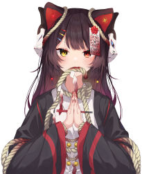 Rule 34 | 1girl, absurdres, animal ears, black hair, black kimono, blush, commentary request, dog ears, fangs, hair ornament, hairclip, hands up, heterochromia, highres, inui toko, japanese clothes, kimono, long hair, long sleeves, looking at viewer, mask, mask on head, mouth hold, nail polish, nenehotoso, nijisanji, own hands together, red eyes, red nails, rope, simple background, skin fangs, solo, upper body, virtual youtuber, white background, white kimono, wide sleeves, yellow eyes