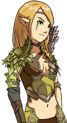 Rule 34 | 1girl, anwen, arm guards, armor, arrow (projectile), blonde hair, bracelet, braid, breasts, choker, clash of heroes, diadem, elf, faulds, gauntlets, green eyes, hunter, jewelry, leather, leaves, long hair, makeup, medium breasts, might and magic, navel, official art, pointy ears, shoulder pads, smile, solo, ubisoft, white background, wood