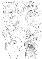 Rule 34 | 1girl, absurdres, animal, apron, arknights, beanstalk (arknights), beanstalk (gift uncompleted) (arknights), blush, bottle, braid, buchi k018, clothing cutout, collar, ears through headwear, greyscale, hair between eyes, hairband, hat, highres, holding, holding animal, hyena ears, hyena girl, hyena tail, long hair, looking at viewer, metal crab (arknights), monochrome, multiple views, off-shoulder sweater, off shoulder, official alternate costume, spray bottle, sweater, tail, tail through clothes, thighs, translation request
