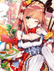 Rule 34 | 1girl, ;p, bow, bowtie, breasts, checkerboard cookie, cleavage, cookie, cross-laced clothes, cup, detached collar, detached sleeves, food, food-themed hair ornament, fruit, hair ornament, hairband, lolita hairband, looking at viewer, mika pikazo, napkin, one eye closed, original, pantyhose, pinstripe legwear, pinstripe pattern, plant, pocky, red bow, red bowtie, saucer, scrunchie, solo, spoon, strawberry, striped clothes, striped legwear, striped pantyhose, teacup, teapot, tiered tray, tongue, tongue out, tray, vertical-striped clothes, vertical-striped legwear, vertical-striped pantyhose, vines, wrist cuffs, wrist scrunchie