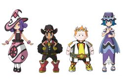 Rule 34 | 1boy, 3girls, :&lt;, acerola (pokemon), alternate costume, black footwear, black hair, black pants, blue hair, blush stickers, boots, bracelet, closed mouth, commentary, cowgirl (western), creatures (company), dress, eyewear on head, ffccll, game freak, gloves, hands on own hips, hapu (pokemon), hat, jewelry, lana (pokemon), long hair, looking at viewer, multiple girls, nintendo, open clothes, open vest, orange hair, pants, pink headwear, pink skirt, pokemon, pokemon sm, purple dress, red footwear, sandals, shirt, shoes, short hair, simple background, skirt, sophocles (pokemon), standing, sunglasses, vest, white-framed eyewear, white background