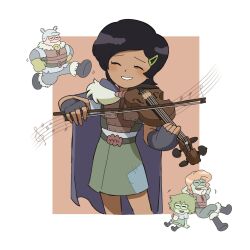Rule 34 | amphibia, black gloves, black hair, blush, bow (music), character request, closed eyes, feet out of frame, fingerless gloves, frog, gloves, green skirt, half note, highres, instrument, marcy wu, musical note, newt, parted lips, pink background, pirini, quarter note, sharp sign, short sleeves, skirt, smile, solo focus, staff (music), treble clef, violin