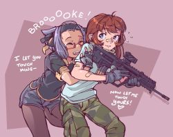 Rule 34 | 2girls, assault rifle, bandaid, bandaid on face, bandaid on nose, black gloves, blue eyes, borrowed character, brooke (mleth), brown hair, brown legwear, bullpup, camouflage, camouflage pants, carbine, cargo pants, commentary, dolphin shorts, english commentary, english text, extended barrel, fang, fingerless gloves, freckles, glasses, gloves, gun, highres, holding, holding gun, holding weapon, hug, hug from behind, iwi tavor x95, jarv, pantyhose under shorts, multiple girls, original, pants, pantyhose, purple hair, red-framed eyewear, rifle, semi-rimless eyewear, shirt, short hair, shorts, t-shirt, tavor x95, teeth, under-rim eyewear, upper teeth only, weapon, x95 (jarv), yuri