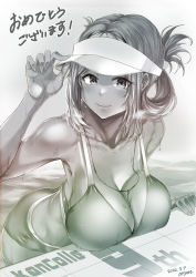 Rule 34 | 1girl, alternate costume, anniversary, attyon, bikini, blush, breasts, cleavage, commentary request, dated, folded ponytail, greyscale, hand on headwear, hat, highres, kantai collection, katori (kancolle), large breasts, looking at viewer, monochrome, partially submerged, ponytail, sagging breasts, shiny skin, signature, smile, solo, swimsuit, visor cap, water, wet, whistle, whistle around neck