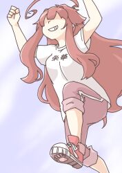 Rule 34 | 1girl, ahoge, akara kai, alternate costume, brown hair, clothes writing, feet out of frame, from below, grey pants, grin, hair over eyes, highres, huge ahoge, kantai collection, kuma (kancolle), long hair, pants, red footwear, shirt, shoes, smile, sneakers, solo, t-shirt, white shirt