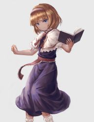 Rule 34 | 1girl, absurdres, alice margatroid, bad id, bad pixiv id, blonde hair, blue eyes, book, capelet, closed mouth, dress, hairband, highres, holding, holding book, nob1109, open book, pink hairband, purple dress, short hair, smile, solo, touhou, white capelet